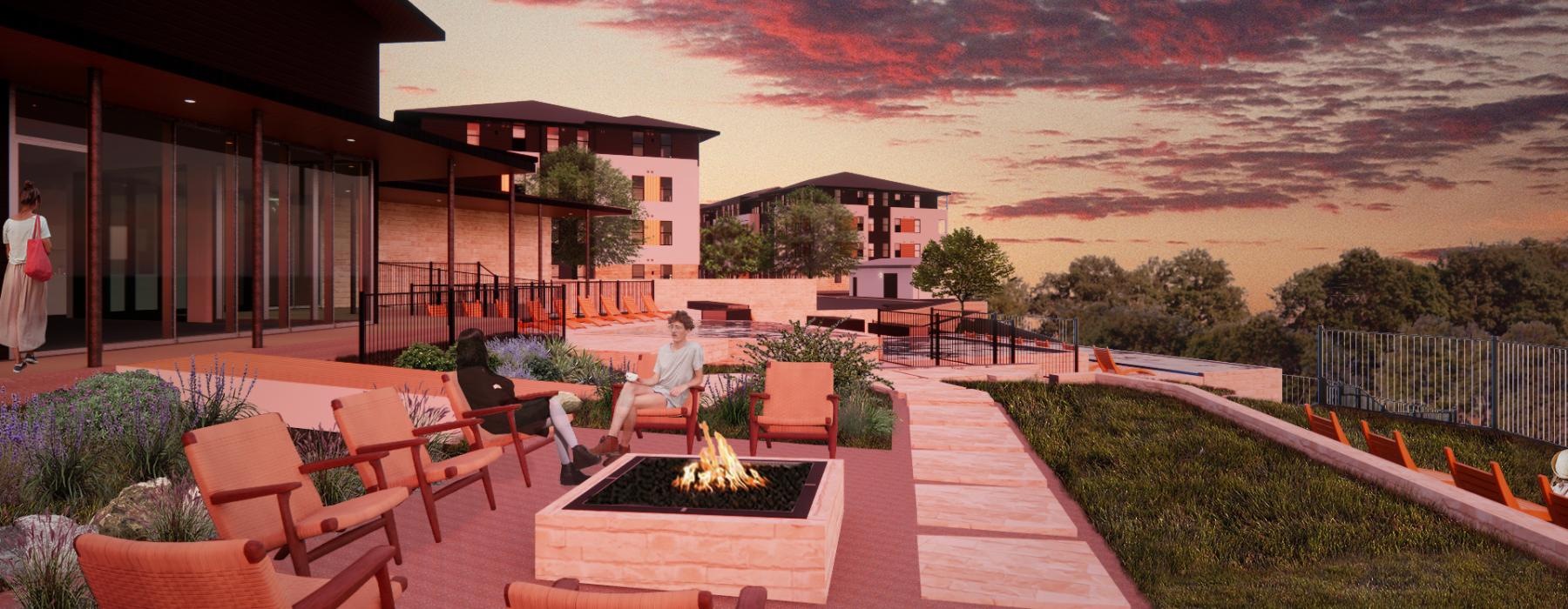 Patio with chairs and fire pit at Cadena at the Falls luxury apartments in South Austin, TX